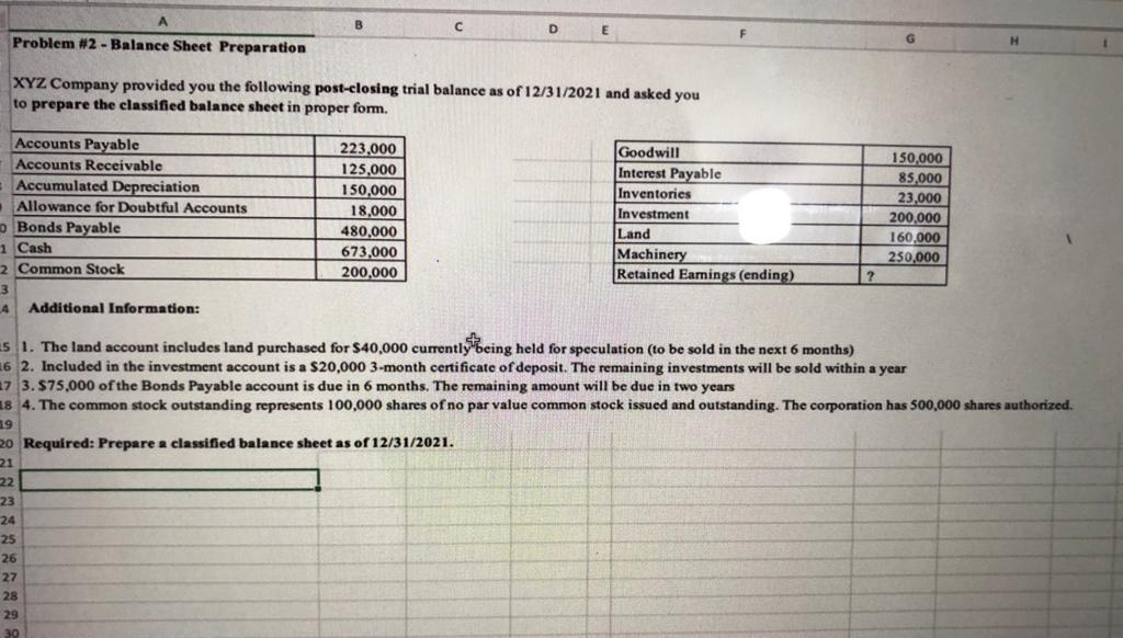 A B C D E Problem #2-Balance Sheet Preparation XYZ Company provided