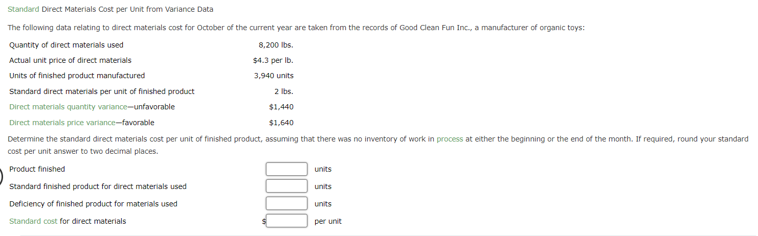 Standard Direct Materials Cost per Unit from Variance Data The following data