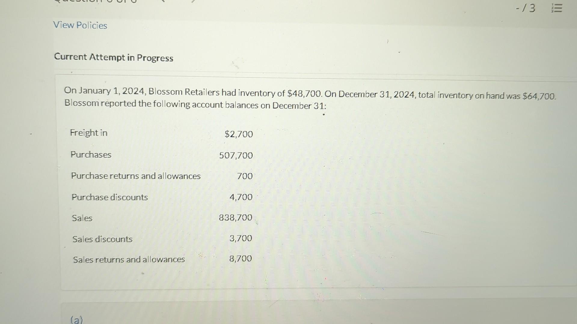 View Policies -/3 E Current Attempt in Progress On January 1, 2024,
