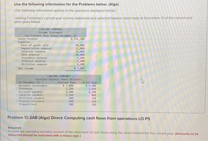 Use the following information for the Problems below. (Algo) [The following information