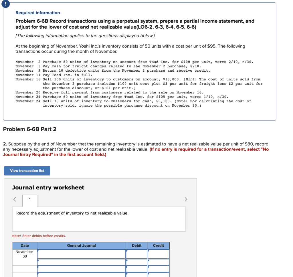 Required information Problem 6-6B Record transactions using a perpetual system, prepare a
