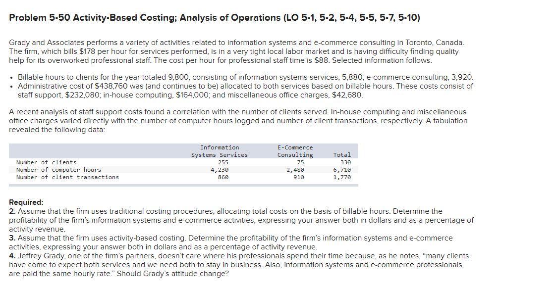 Problem 5-50 Activity-Based Costing; Analysis of Operations (LO 5-1, 5-2,5-4, 5-5, 5-7,