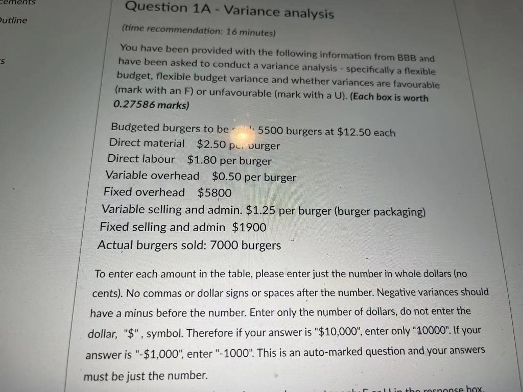 cements Outline S Question 1A - Variance analysis (time recommendation: 16 minutes)