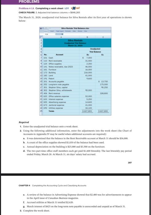 PROBLEMS Problem 4-1A Completing a work sheet L01 excel CHECK FIGURE: 3.