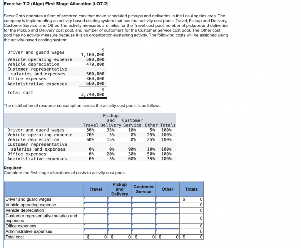 Exercise 7-2 (Algo) First Stage Allocation [LO7-2] SecuriCorp operates a fleet of