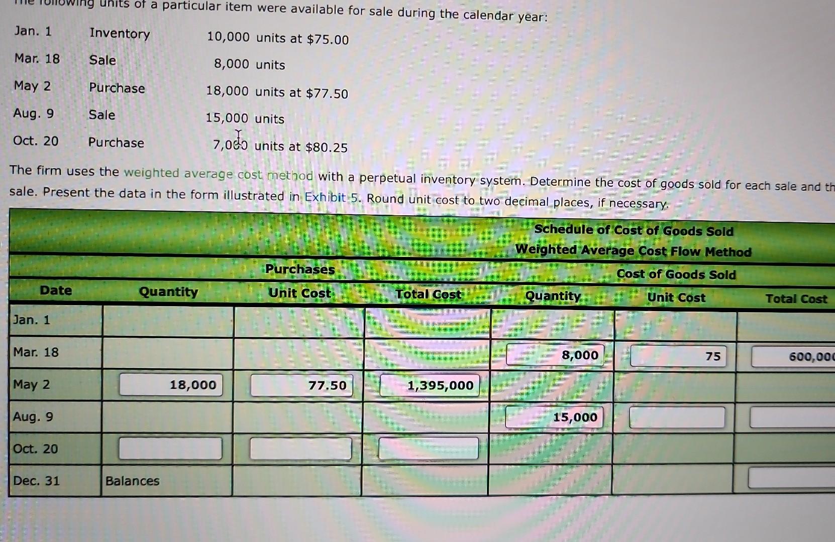 the cost of goods sold for each sale and the inventory balance