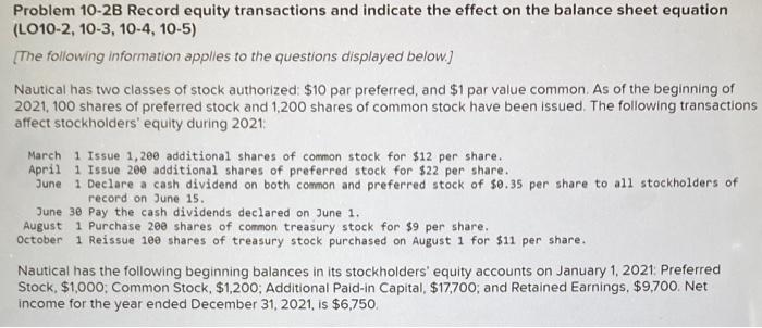 Problem 10-2B Record equity transactions and indicate the effect on the balance