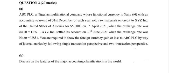 QUESTION 3 (20 marks) (a) ABC PLC, a Nigerian multinational company whose