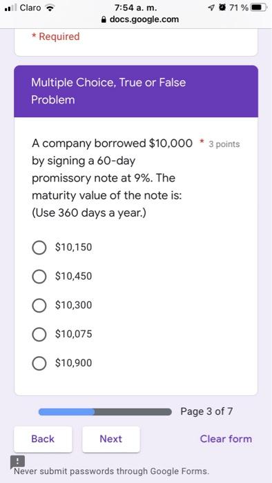Claro 7:54 a. m. docs.google.com 71% * Required Multiple Choice, True or