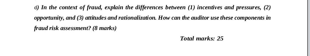 d) In the context of fraud, explain the differences between (1) incentives