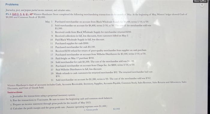 Problems Journalize, post, and prepare partial income statement, and calculate ratio P5.1
