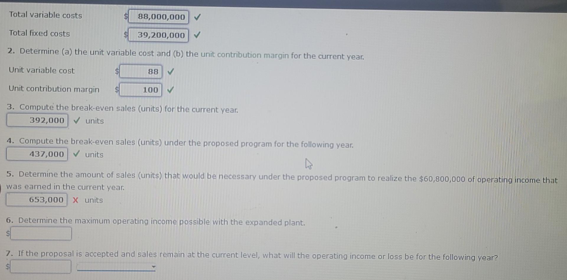Total variable costs Total fixed costs 88,000,000 39,200,000 2. Determine (a) the