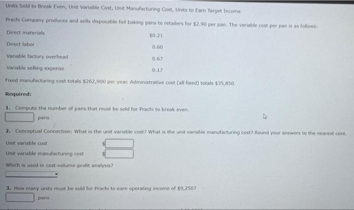 Units Sold to Break Even, Unit Variable Cost, Unit Manufacturing Cost, Units