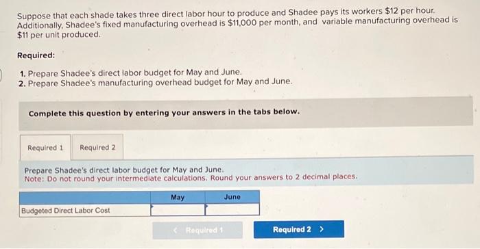 the questions displayed below.] Shadee Corporation expects to sell 630 sun shades