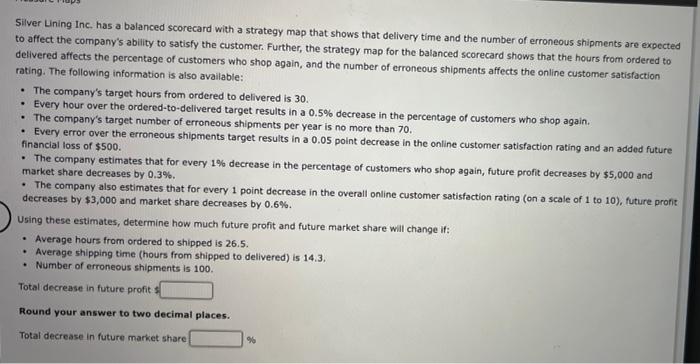Silver Lining Inc. has a balanced scorecard with a strategy map that