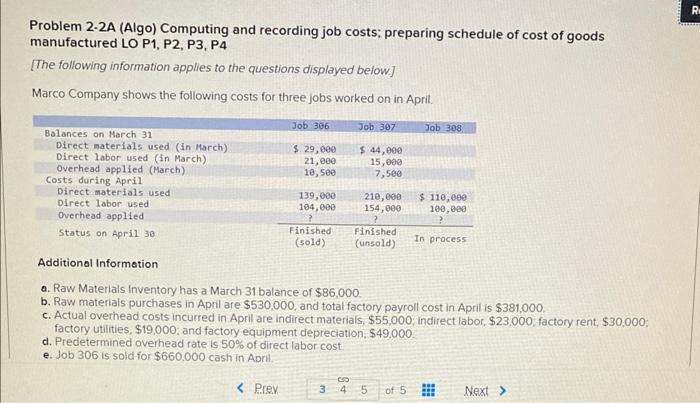 Problem 2-2A (Algo) Computing and recording job costs; preparing schedule of cost