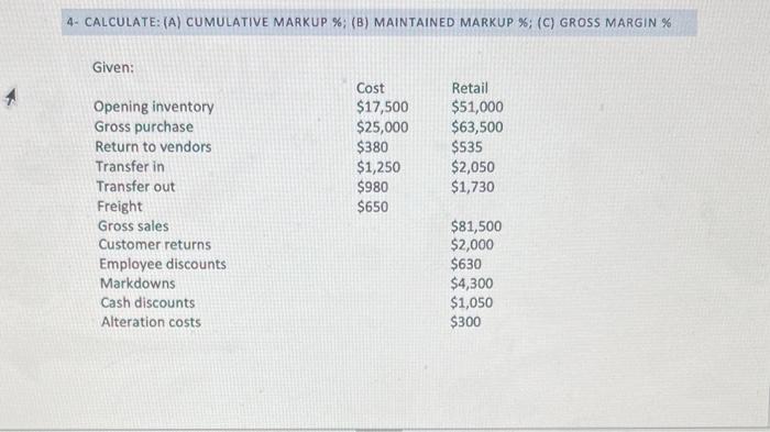 4- CALCULATE: (A) CUMULATIVE MARKUP %; (B) MAINTAINED MARKUP %; (C) GROSS