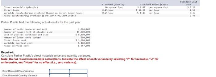 Direct materials (plastic) Direct labor Variable manufacturing overhead (based on direct labor
