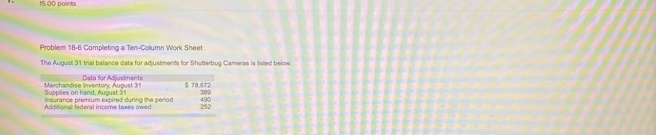 15.00 points Problem 18-6 Completing a Ten-Column Work Sheet The August 31