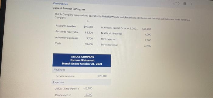 View Policies -/10 E Current Attempt in Progress Oriole Company is owned