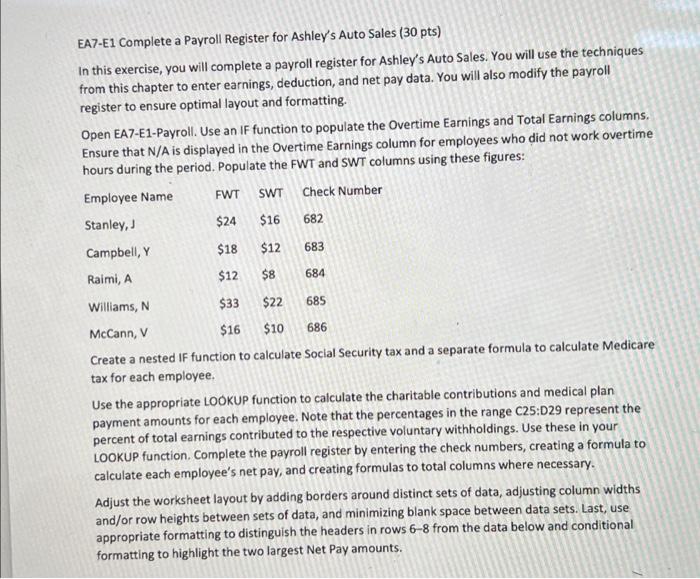EA7-E1 Complete a Payroll Register for Ashley's Auto Sales (30 pts) In