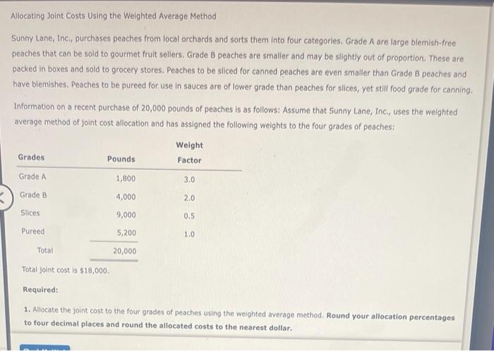 Allocating Joint Costs Using the Weighted Average Method Sunny Lane, Inc., purchases