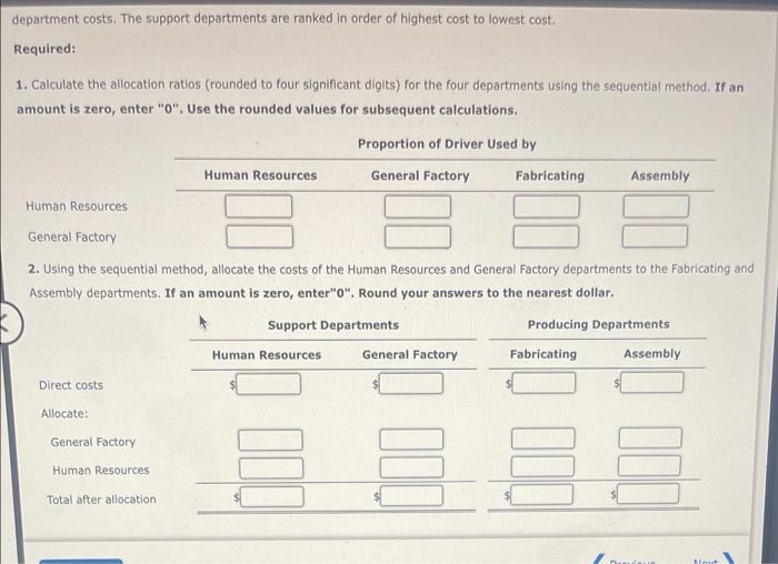 support departments, Human Resources and General Factory, and two producing departments, Fabricating