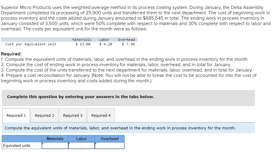 Superior Micro Products uses the weighted-average method in its process costing system.