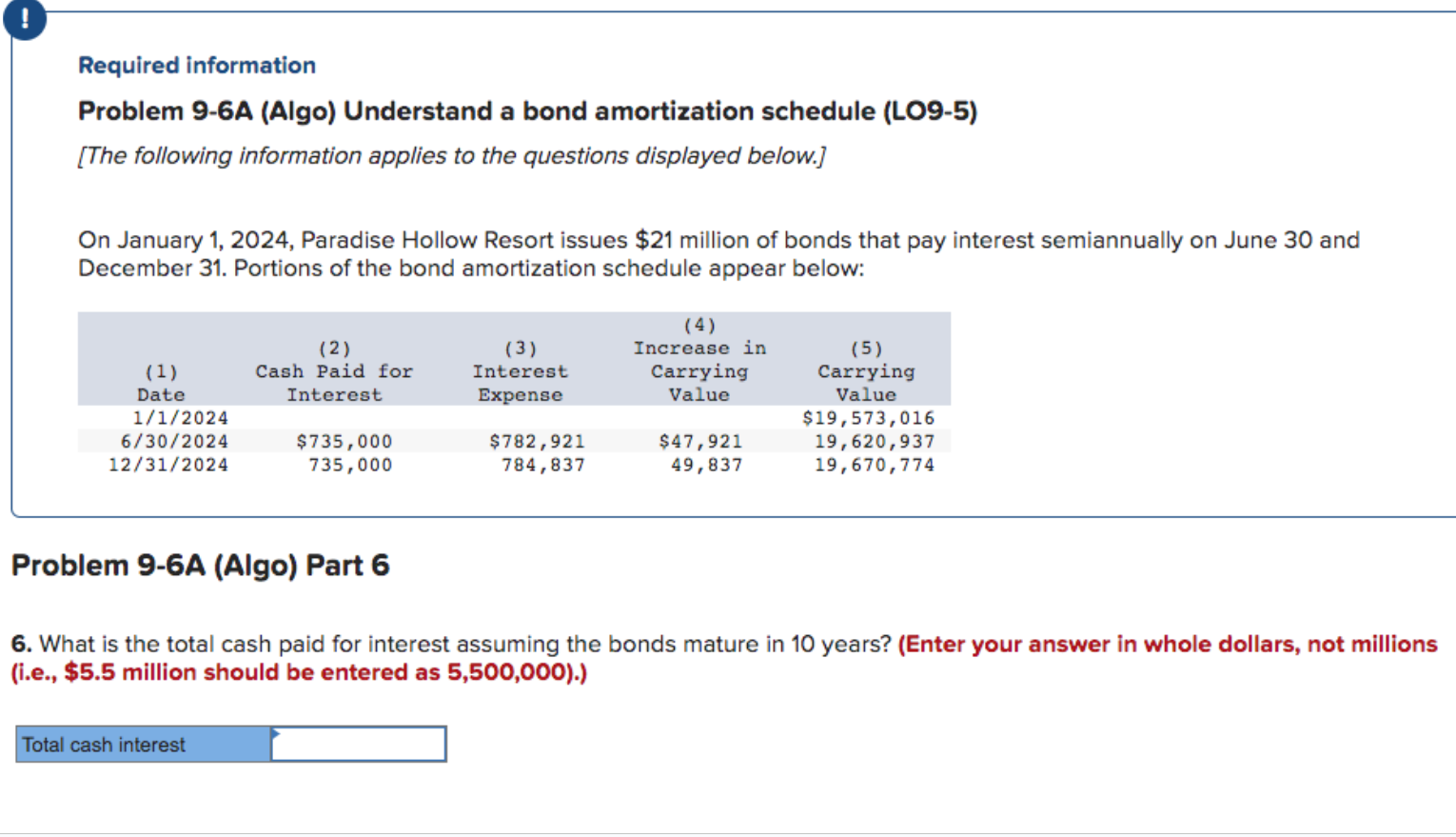 Required information Problem 9-6A (Algo) Understand a bond amortization schedule (LO9-5) [The