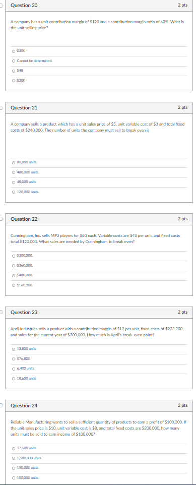. Question 20 2 pts A company has a unit contribution margin