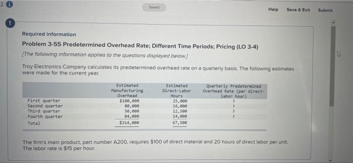 Saved Help Save & Exit Submit Required information Problem 3-55 Predetermined Overhead