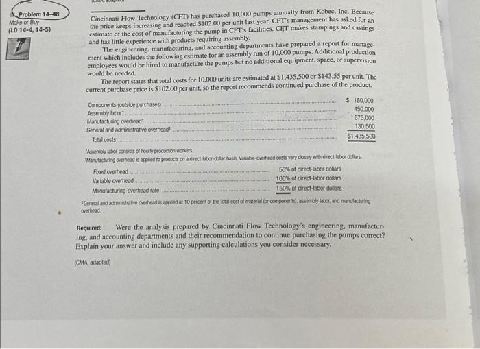 Problem 14-48 Make or Buy (LO 14-4, 14-5) Cincinnati Flow Technology (CFT)