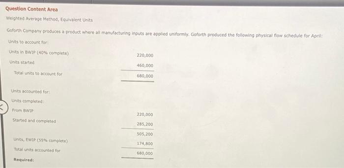 Question Content Area Weighted Average Method, Equivalent Units Goforth Company produces a