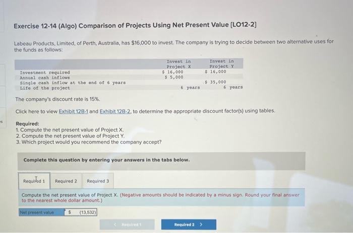 Exercise 12-14 (Algo) Comparison of Projects Using Net Present Value [LO12-2] Labeau