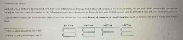 Dividends Per Share Lightfoot Inc., a software development firm, has stock outstanding