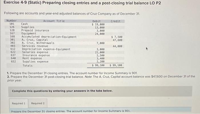 Exercise 4-9 (Static) Preparing closing entries and a post-closing trial balance LO