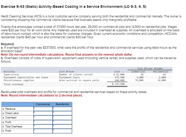Exercise 9-43 (Static) Activity-Based Costing in a Service Environment (LO 9-3, 4,
