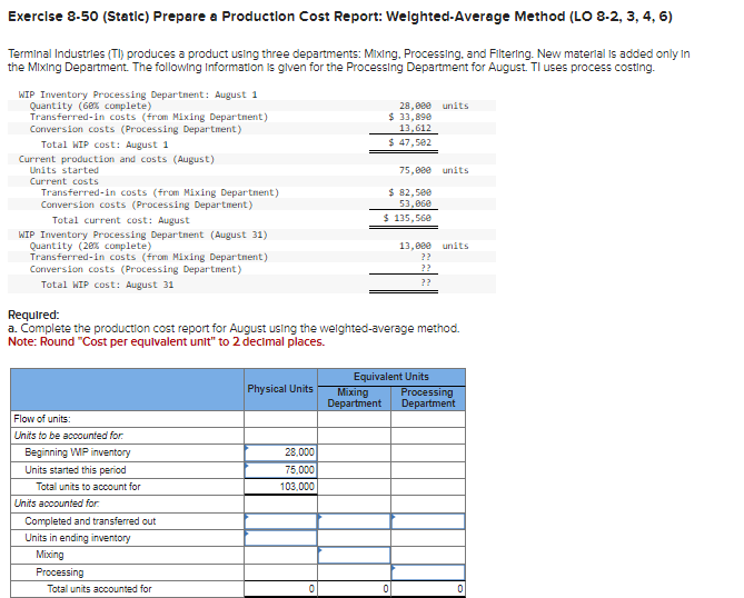 Exercise 8-50 (Static) Prepare a Production Cost Report: Weighted-Average Method (LO 8-2,