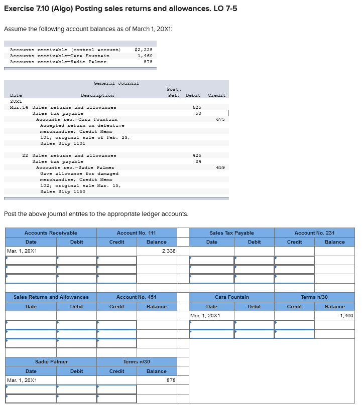 Exercise 7.10 (Algo) Posting sales returns and allowances. LO 7-5 Assume the