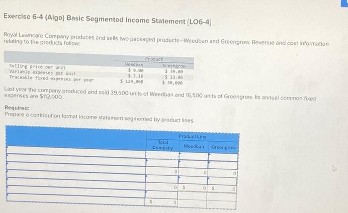 Exercise 6-4 (Algo) Basic Segmented Income Statement [LO6-4] Royal Lawncare Company produces