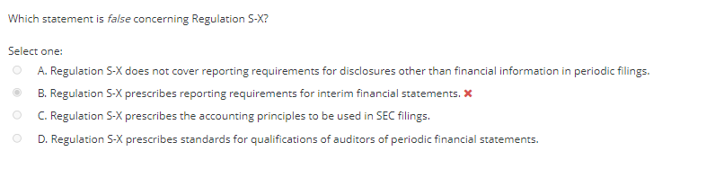Which statement is false concerning Regulation S-X? Select one: A. Regulation S-X