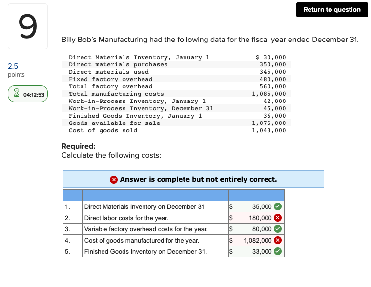 Return to question 9 2.5 points Billy Bob's Manufacturing had the following