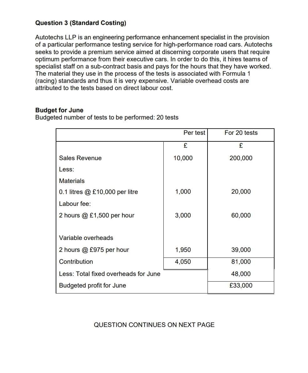Question 3 (Standard Costing) Autotechs LLP is an engineering performance enhancement specialist