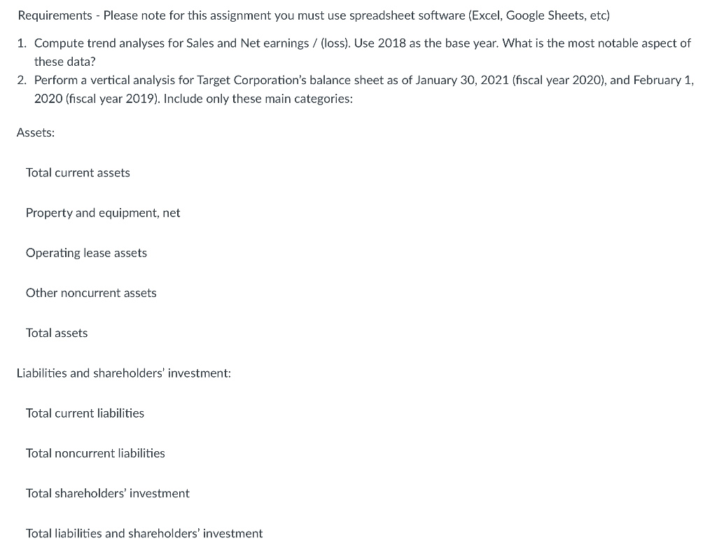 Requirements - Please note for this assignment you must use spreadsheet software