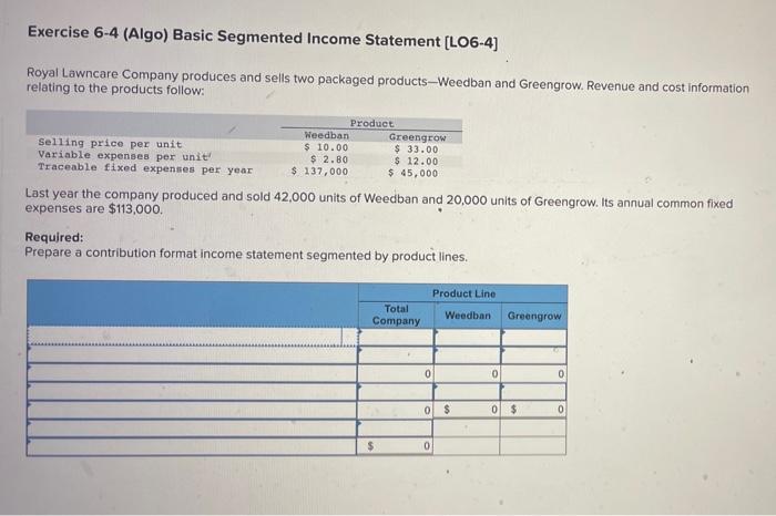 Exercise 6-4 (Algo) Basic Segmented Income Statement [LO6-4] Royal Lawncare Company produces