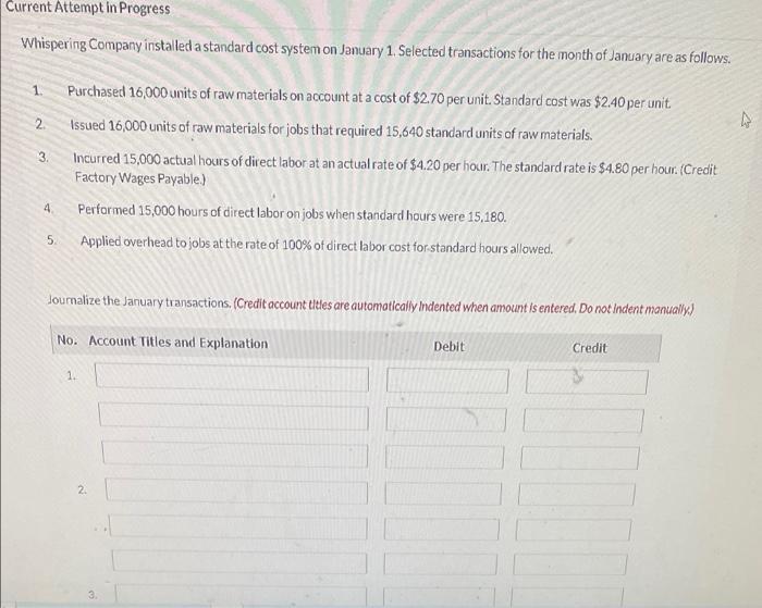 Current Attempt in Progress Whispering Company installed a standard cost system on
