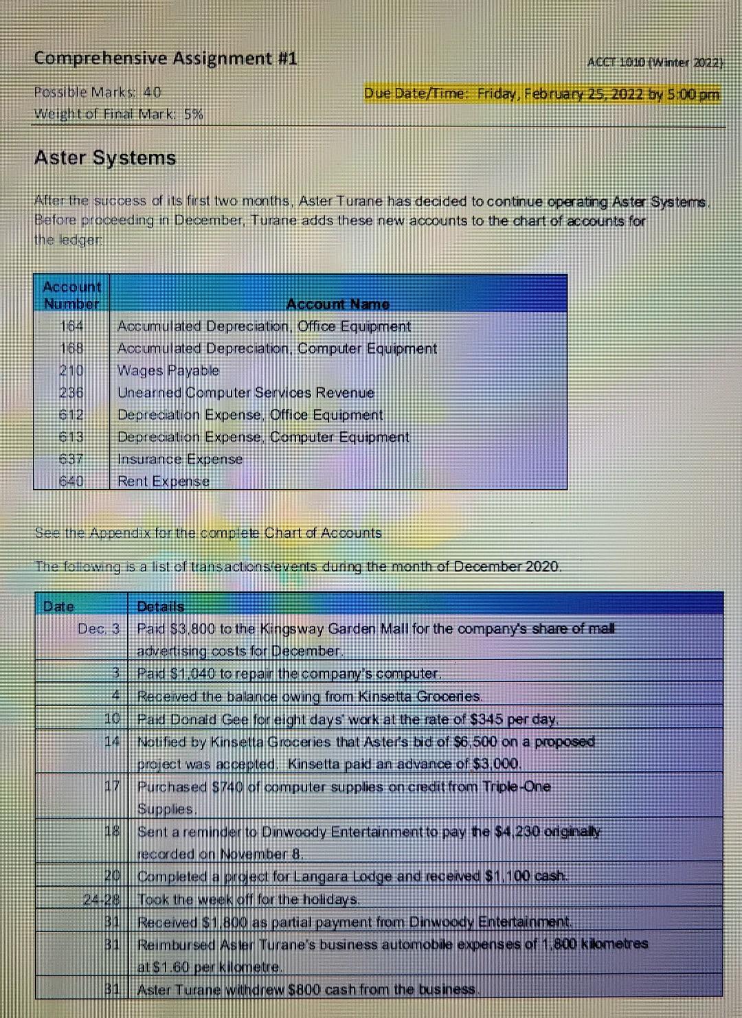 Comprehensive Assignment #1 Possible Marks: 40 Weight of Final Mark: 5% Aster