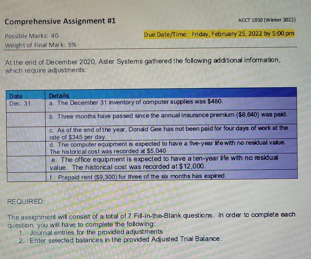 Systems ACCT 1010 Winter 2022) Due Date/Time: Friday, February 25, 2022 by