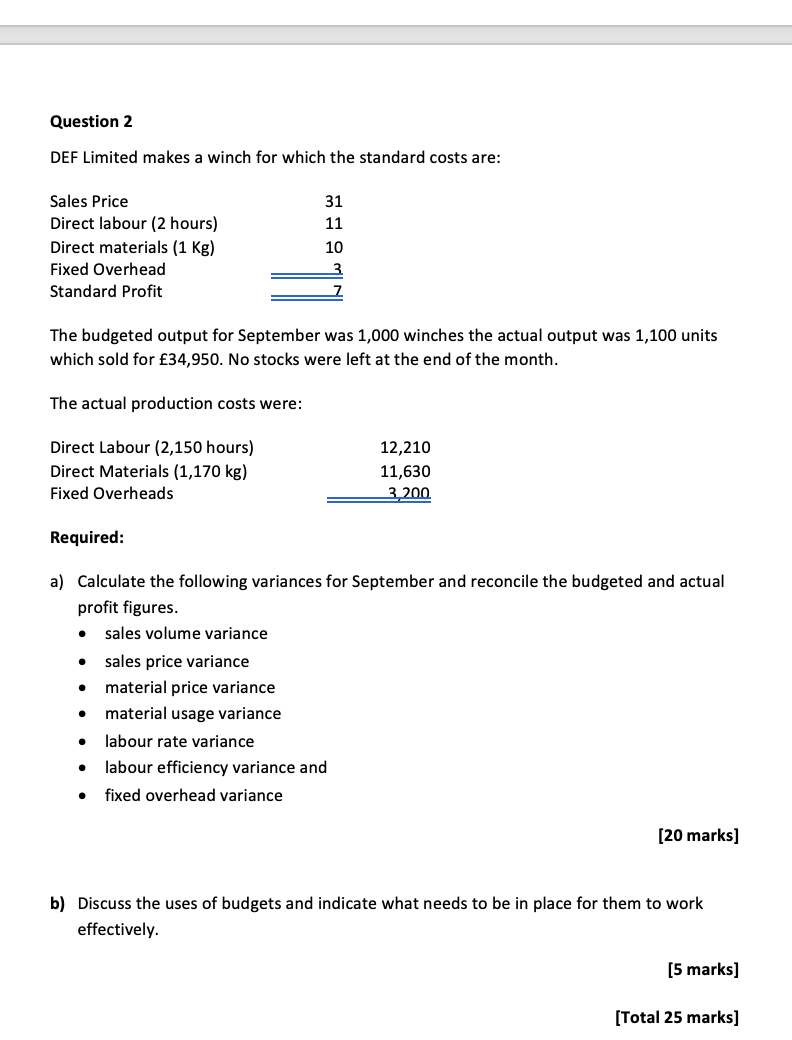 Question 2 DEF Limited makes a winch for which the standard costs