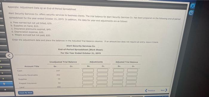 C Appendix: Adjustment Data op an End-of-Period Spreadsheet Alert Security Services Co.